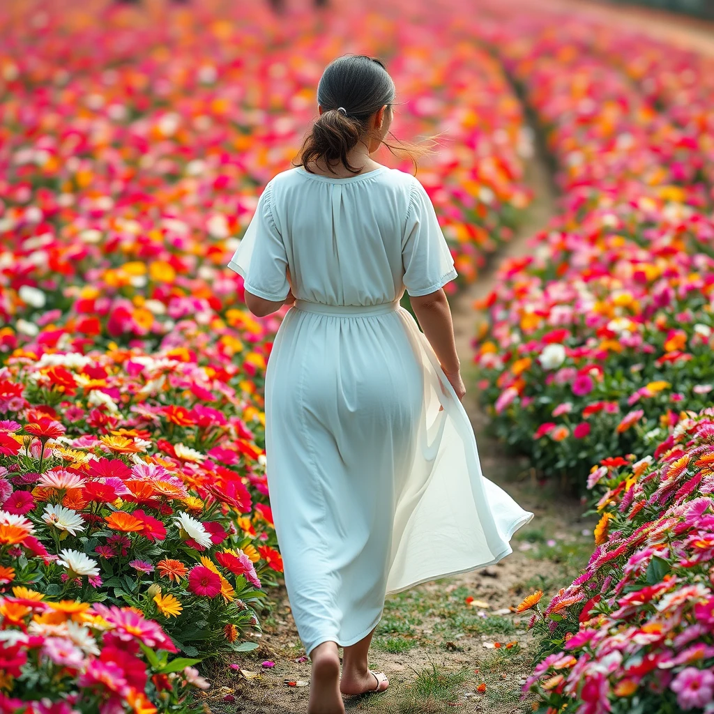 A 45-year-old long-legged middle-aged Chinese woman, wearing a loose white dress with a large bust and a big rear. She walked through a sea of colorful flowers, her fingers brushing against the petals, as the breeze tousled her skirt. In the background are vibrant flowers, full of natural beauty. - Image