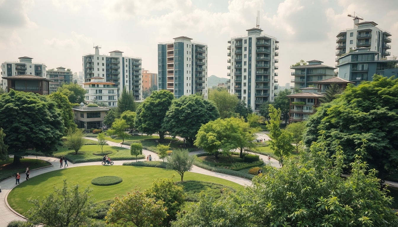 Green urban park with sustainable architecture, illustrating eco-friendly economy.