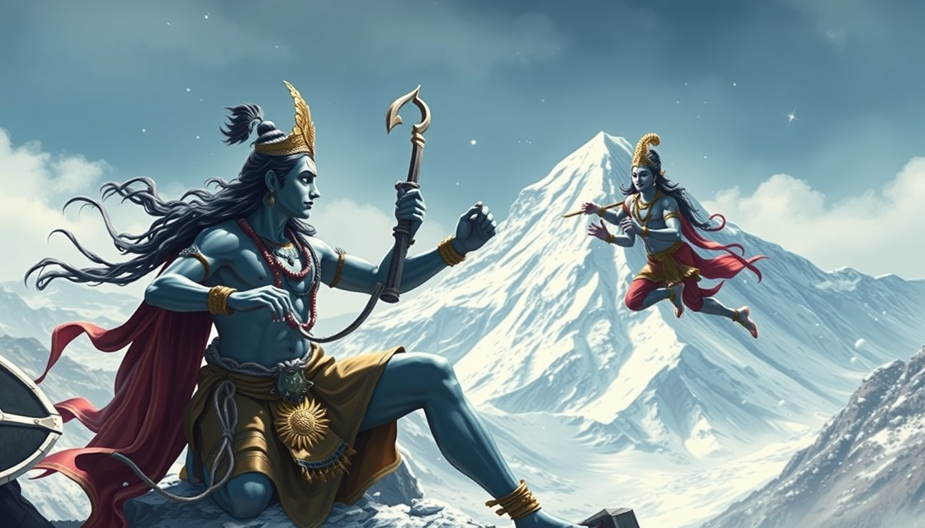 God Shiva and God Krishna, fighting, Kailash Mountain, snowy, quality, detailed.