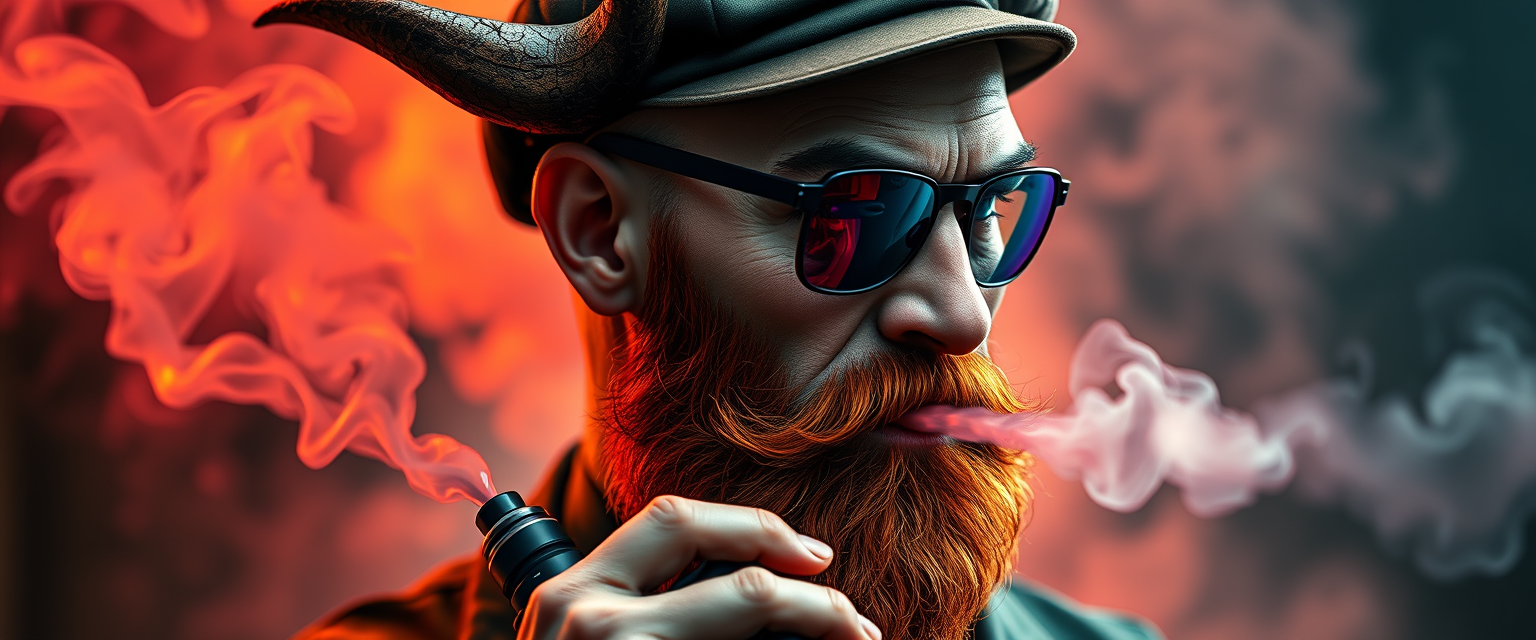 Three-quarter view of a sinister, bald human male with demonic lich features. Demonic horns, short fiery ginger beard contrasts with dark eyebrows. Wears a weathered flat cap and reflective aviator glasses. Clutches a sleek vape mod, exhaling dense, swirling vapor clouds. Vibrant e-liquid drips off his pale skin, creating a colorful aura.