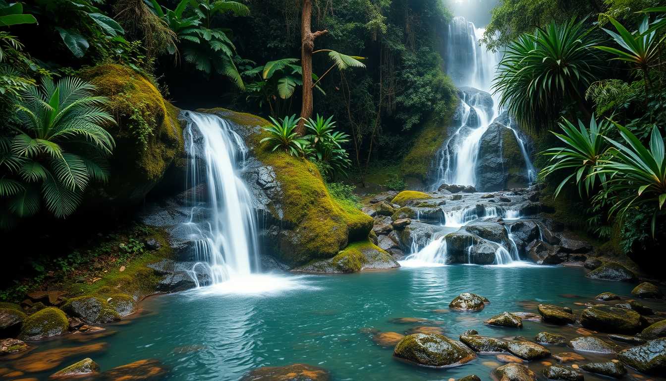 rfall, cascading, clear water, lush greenery, high quality, photorealistic, hidden oasis, serene, rainforest, breathtaking, secluded::0.8 moss-covered rocks, tropical plants, natural pools, jungle trails, mist, - Image