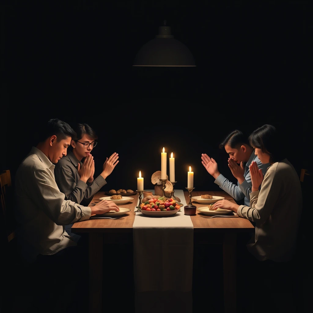 A family sitting together around a dining table praying, photorealistic, 1:1 ratio, serene, dark background, plenty of whitespace around the subject. - Image