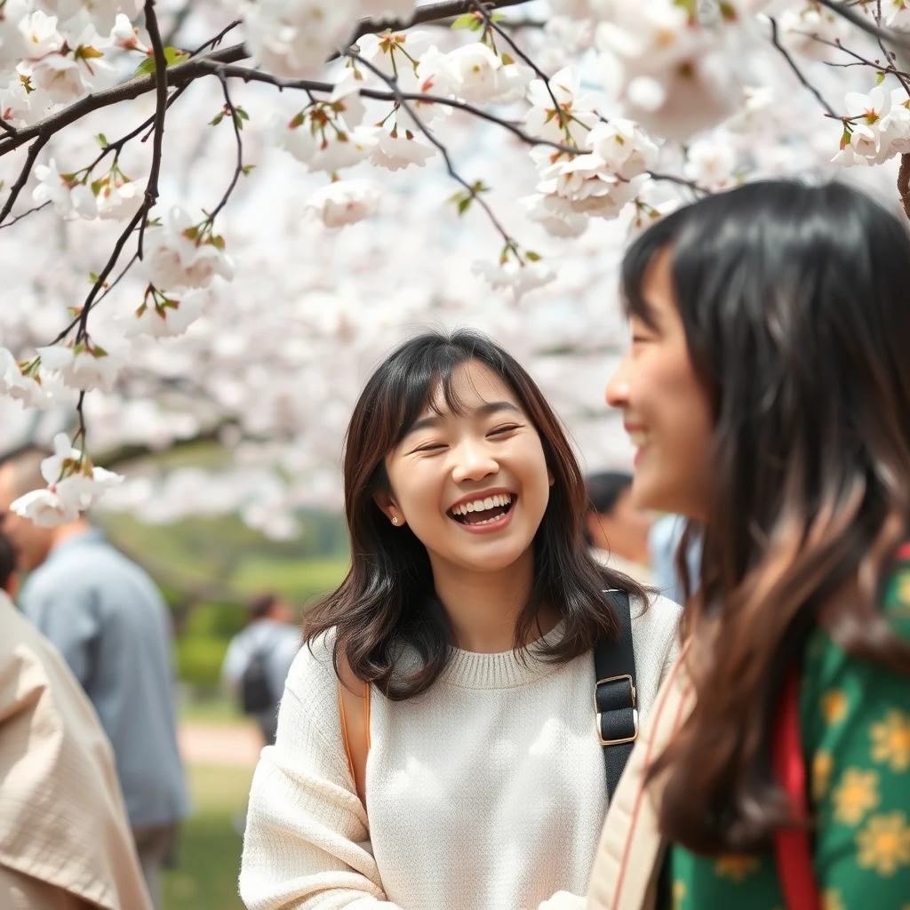 Joyful moments of a Korean woman laughing with friends under cherry blossoms at a Korean spring festival. - Image