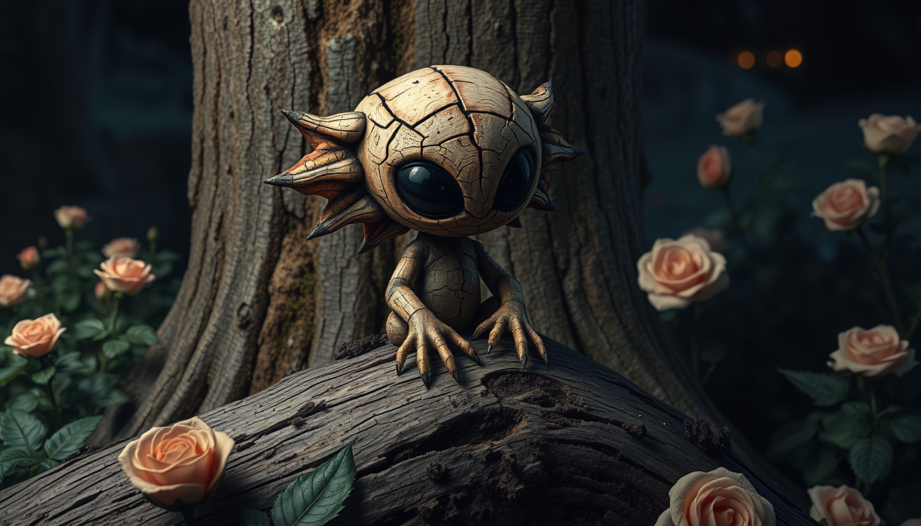 Little cute cracked wood alien void creature, charred, long wooden petals and mud, sitting on top of a log, lush garden, roses, lurking behind tree, ultra large black dot eyes, night scene, backlit, by [Alexander Archipienko, Wendell Castle, Picasso], fantasy art, abstract, surreal. - Image