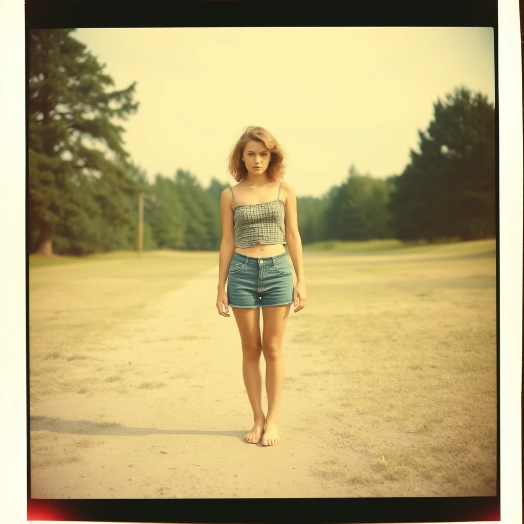 Barefoot teenage angry woman, 1970s, Polaroid