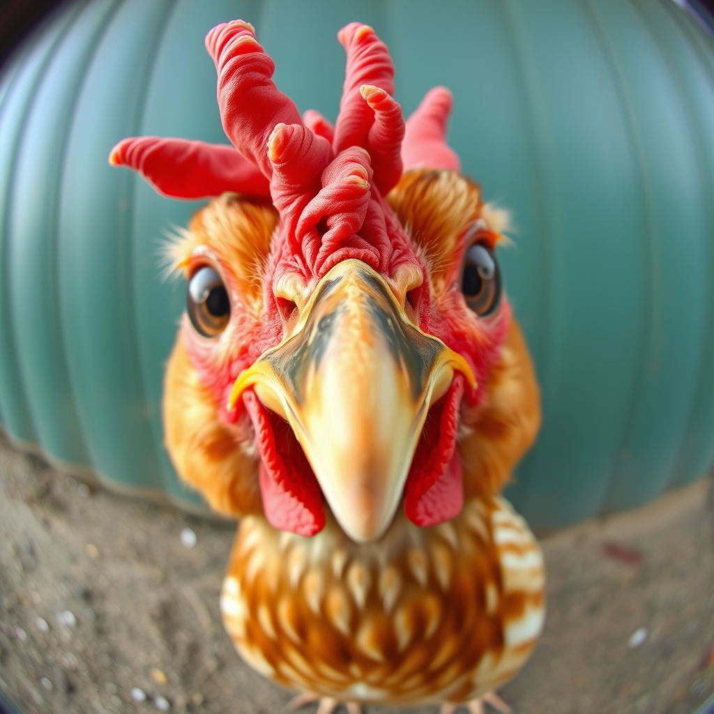 Silly fish-eye lens image of chicken staring directly into camera, befuddled look.