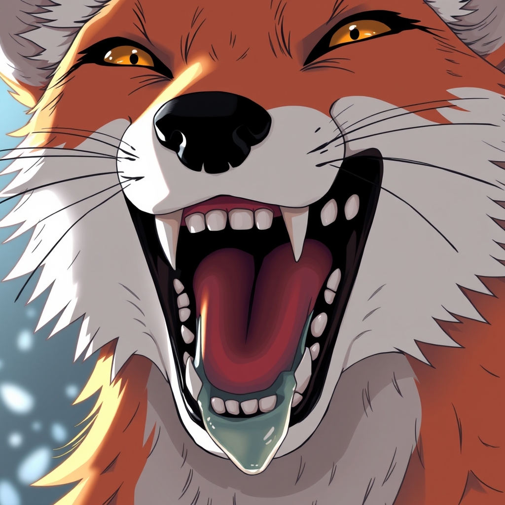 Anime style, fox personification, depict the details of the fox's mouth, throat details should be bright, teeth details, saliva details, the entire mouth is full of it.