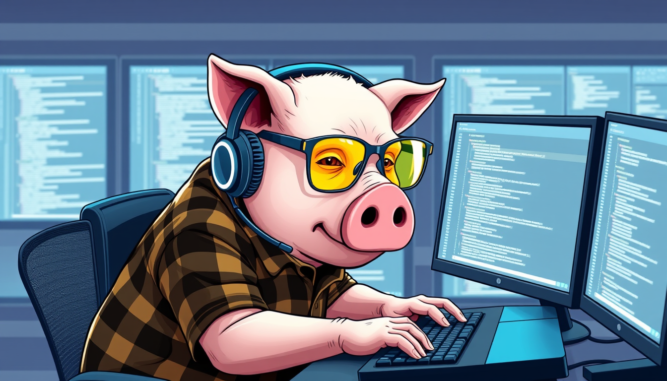 A tech-savvy pig coder, wearing yellow-tinted glasses and sleek noise-cancelling headphones, hunches over a cutting-edge multi-monitor setup. The anthropomorphic pig exudes focus, typing furiously while dressed in a plaid t-shirt. - Image