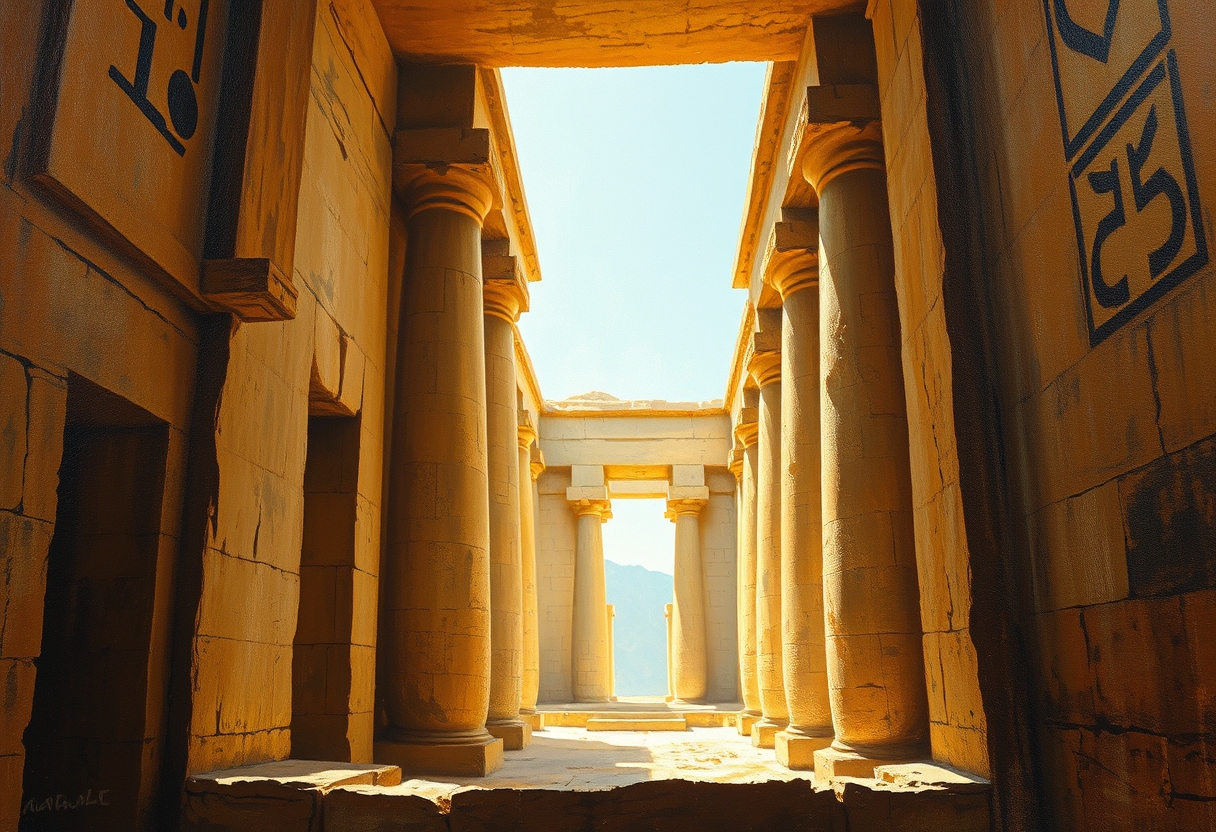 An old oil painting of an Egyptian temple. Inside. From a window of the temple, sunlight, view from the side.