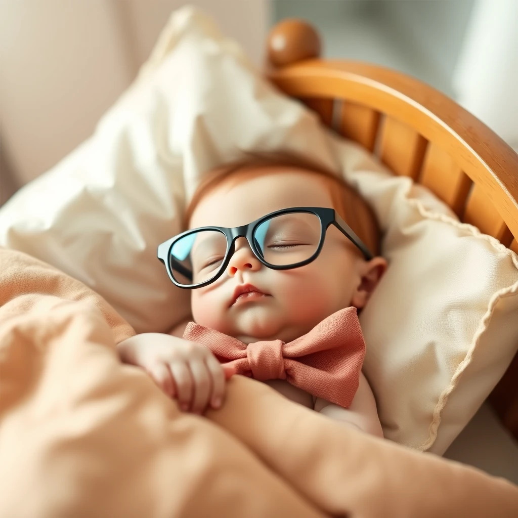 Sweet little bow tie with glasses sleeping in its little bed. - Image