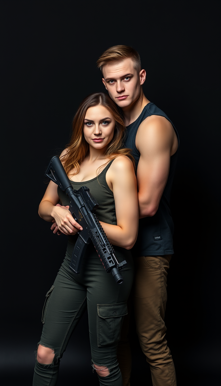 A striking elite young Russian couple posing together for a gun magazine on a dark background with combat weapons. Both holding a firearm close to their body, ready for action.