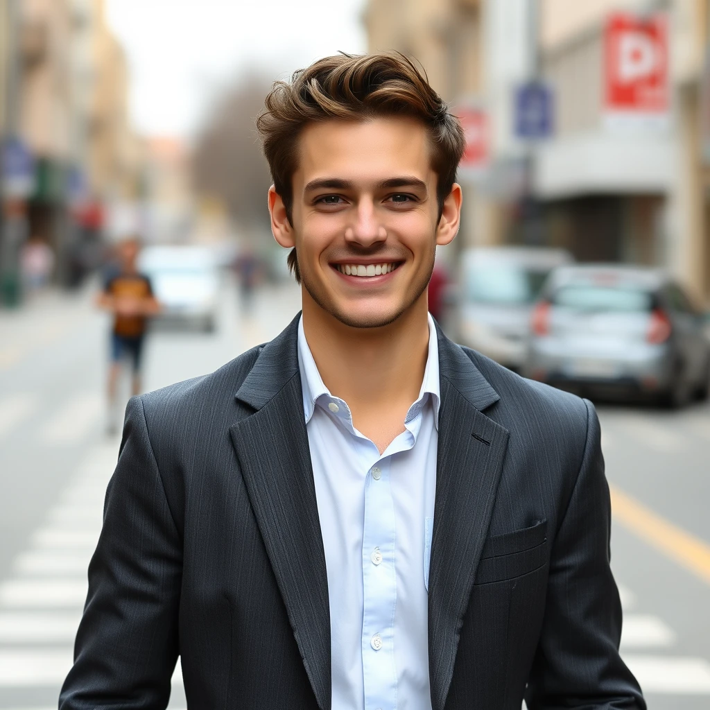 A man, 23 years old, short brown hair, leisure suit, handsome, walking on the street, smile, full body shot. - Image