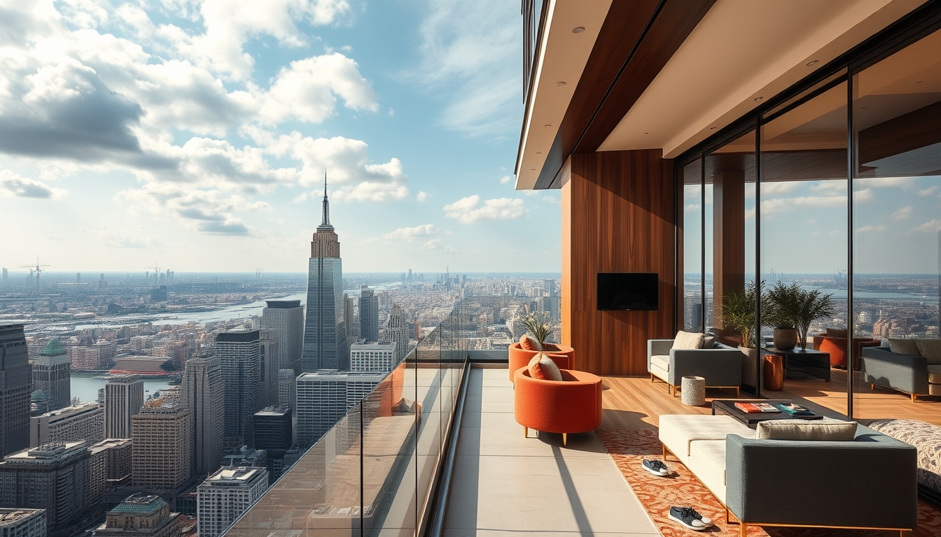 A luxurious glass-walled penthouse apartment overlooking a bustling city. - Image