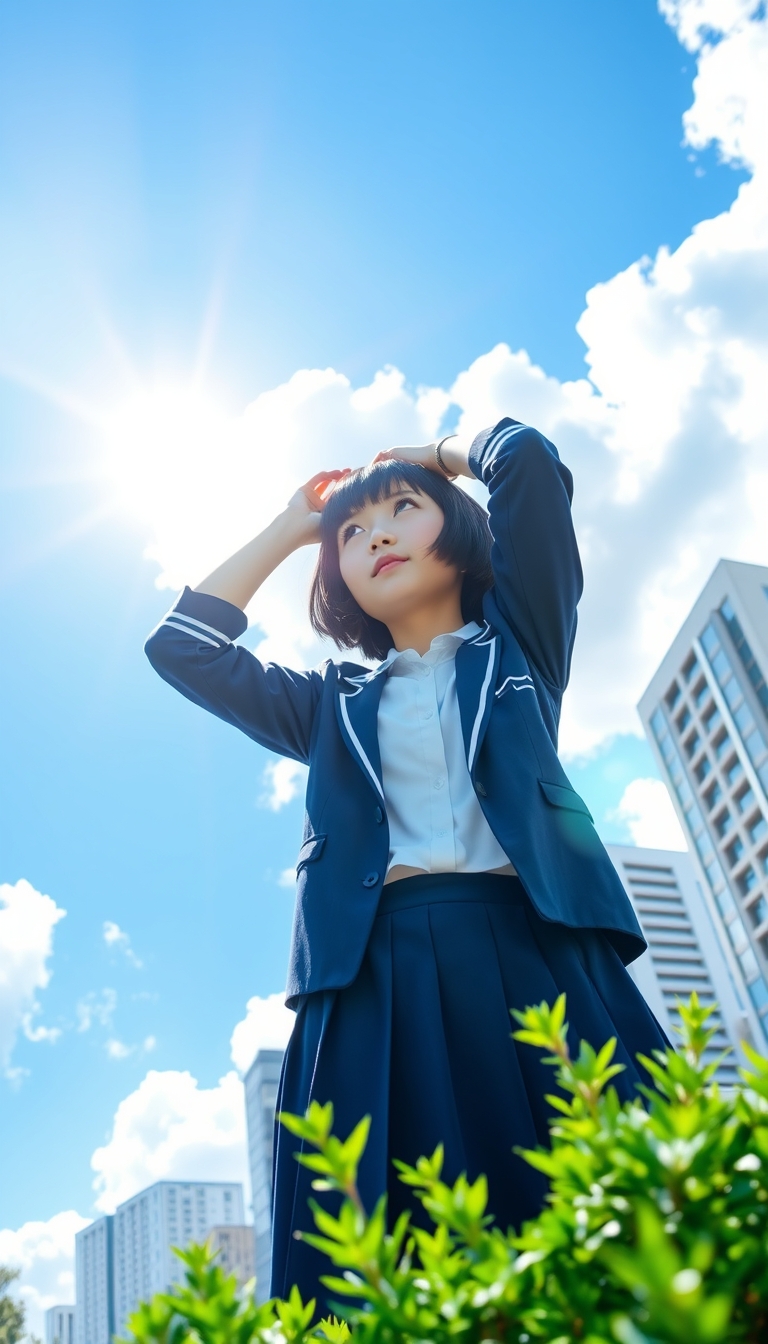 A Japanese high school girl with short black bob hair, wearing a traditional Japanese school uniform consisting of a white blouse, a navy blue skirt, and a navy blue blazer with a school emblem. She is standing outdoors under a bright blue sky with large, fluffy white clouds. The background includes a cityscape with modern high-rise buildings. The composition captures her from a low angle, emphasizing the vast sky and clouds behind her. The sun is visible in the upper left corner, creating a strong lens flare effect. The girl is looking up and slightly to the side with a serene expression. She is not holding anything above her head. The lighting is bright and creates high contrast, typical of a sunny summer day. Some green foliage is visible in the foreground, likely from trees or bushes. The overall scene has a crisp, clean aesthetic with vivid colors, capturing the essence of a bright, clear day in an urban environment. - Image