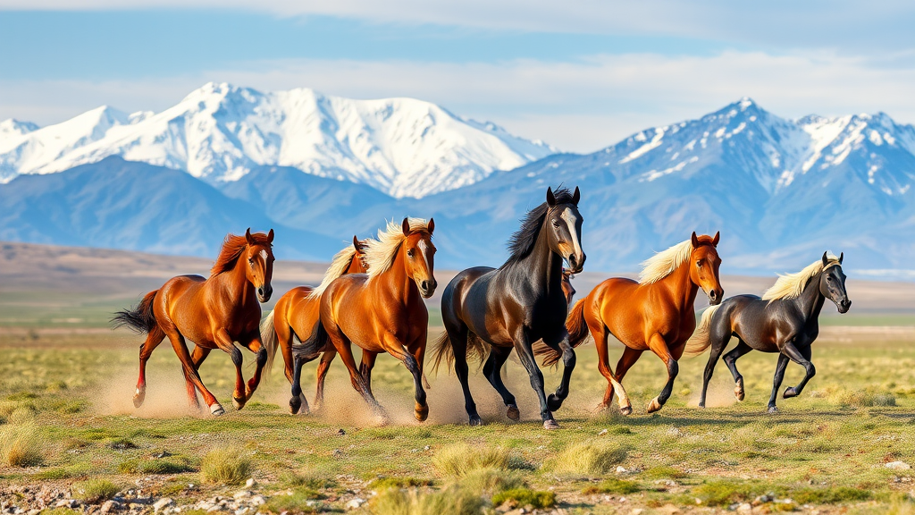 A group of horses running in front of snow capped mountains in Kazakhstan, by David G. Sorensen, a photo, fine art, majestic horses, galloping, equine photography, in the steppe, horses, 8k award-winning photograph.