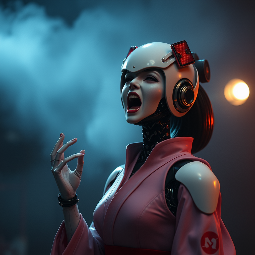 ((android:1.8) Geisha from film Ghost in Shell: 1.5) cyborg parts, scream, creepy, dark movie atmosphere, fog, natural light, cyberpunk background.