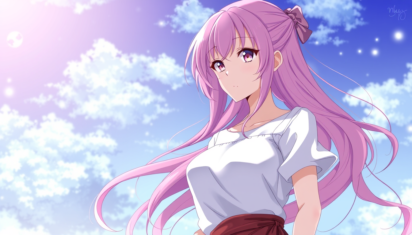 Anime art of a motherly woman, pink hair, clothes, natural reflective, detailed body, standing, wallpaper anime background, stunning details, anime artwork, illustration quality, windows wallpaper download.