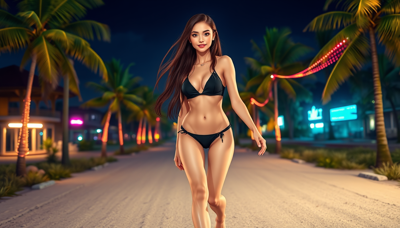 A beautiful Caucasian brunette girl with long hair wearing a black bikini walking on a sandy country road, barefoot among palm trees, smiling, with a model body type, at night with neon lights, having a pierced bellybutton and no tattoos, in anime style.