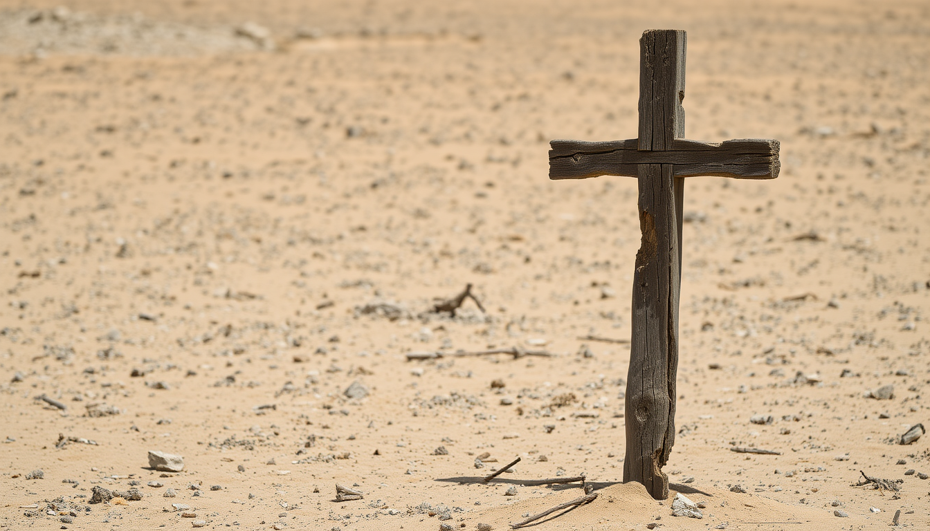 An old wooden cross in the middle of a barren desert. The cross is standing upright on the right side of the image. The cross is falling apart and is made of badly dry rot damaged dark wood and appears to be weathered and aged. The overall scene is desolate.