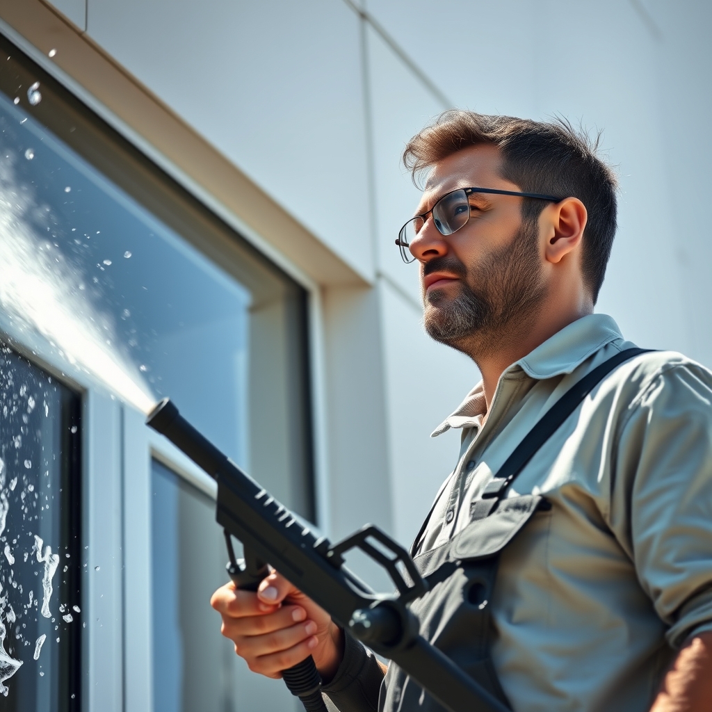 Photorealistic image of a man washing a building facade. The scene should capture the man in action, with water spraying and soap bubbles emphasizing the cleanliness of the building. It’s important to convey his focused expression, the sleek design of the pressure washer, and bright sunlight reflecting off the clean facade. - Image