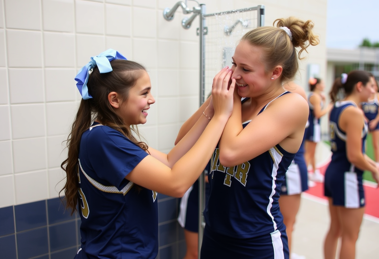 A girl at university cheer camp playfully helps her best friend get ready for a post-practice shower. - Image