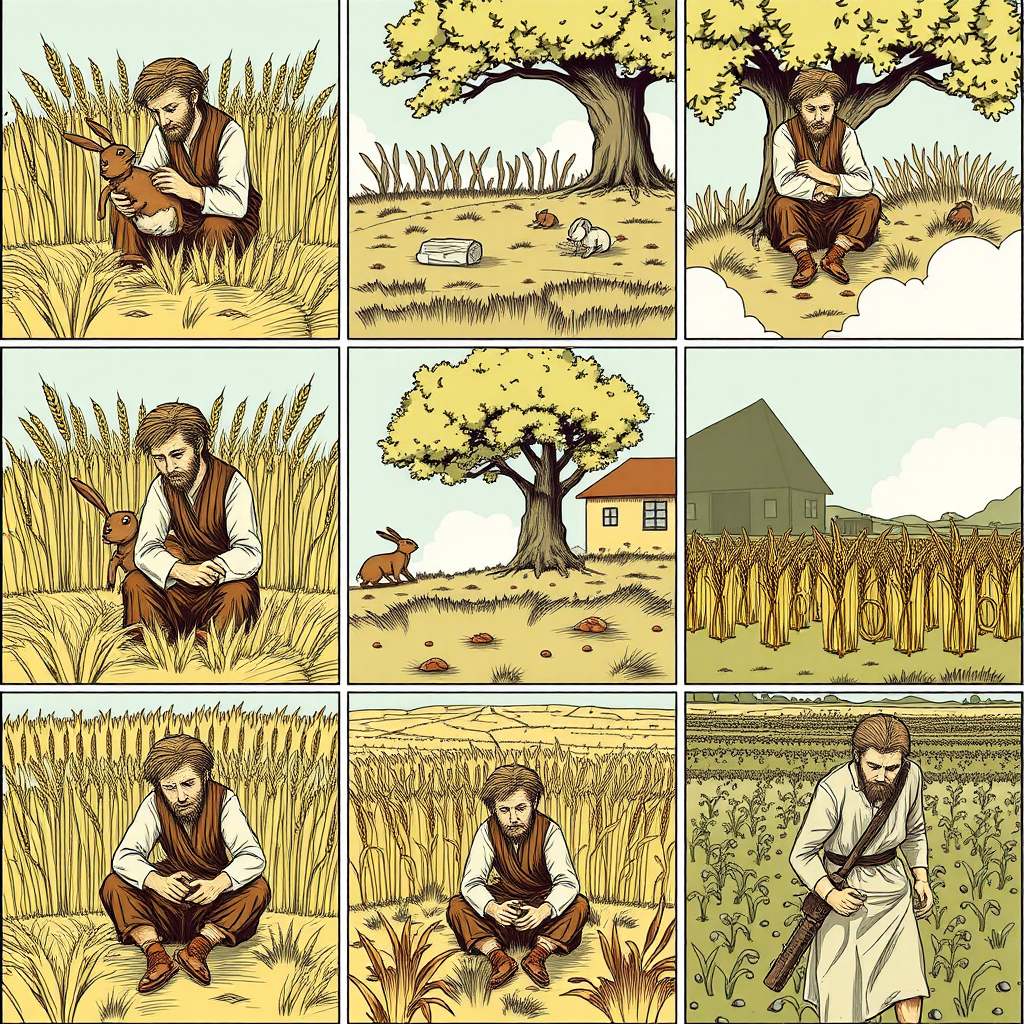 The image style is "cyberpunk," featuring an ancient farmer in a nine grid. The characters in each scene will all use the same farmer, ensuring that the face shape and clothing remain consistent throughout. In the first panel, the farmer is harvesting wheat. In the second panel, the farmer is sitting under a tree, resting; a rabbit is rushing toward the tree. In the third panel, the farmer is holding a rabbit in his hand. In the fourth panel, the farmer is walking toward a house. In the fifth panel, the farmer sits under the tree. In the sixth panel, the farmer sighs while sitting under the tree. In the seventh panel, the farmer stares blankly at the sky. In the eighth panel, the crops have withered. In the ninth panel, the farmer is planting seeds in the field.