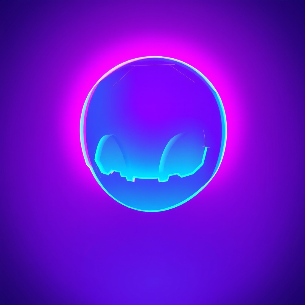 cyberpunk translucent A minimalistic digital illustration of an ice blue glitchy emoji shaped like the top half of a head, with neon pink lighting behind it. The background is a gradient from dark to light purple, creating a surreal atmosphere. The illustration is in the style of Mountwhitby.