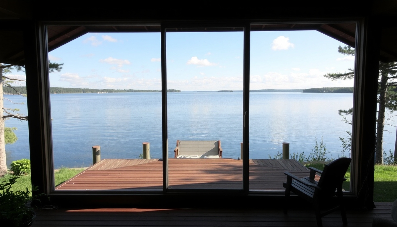 A serene lakeside cabin with a glass front, offering an unobstructed view of the water.