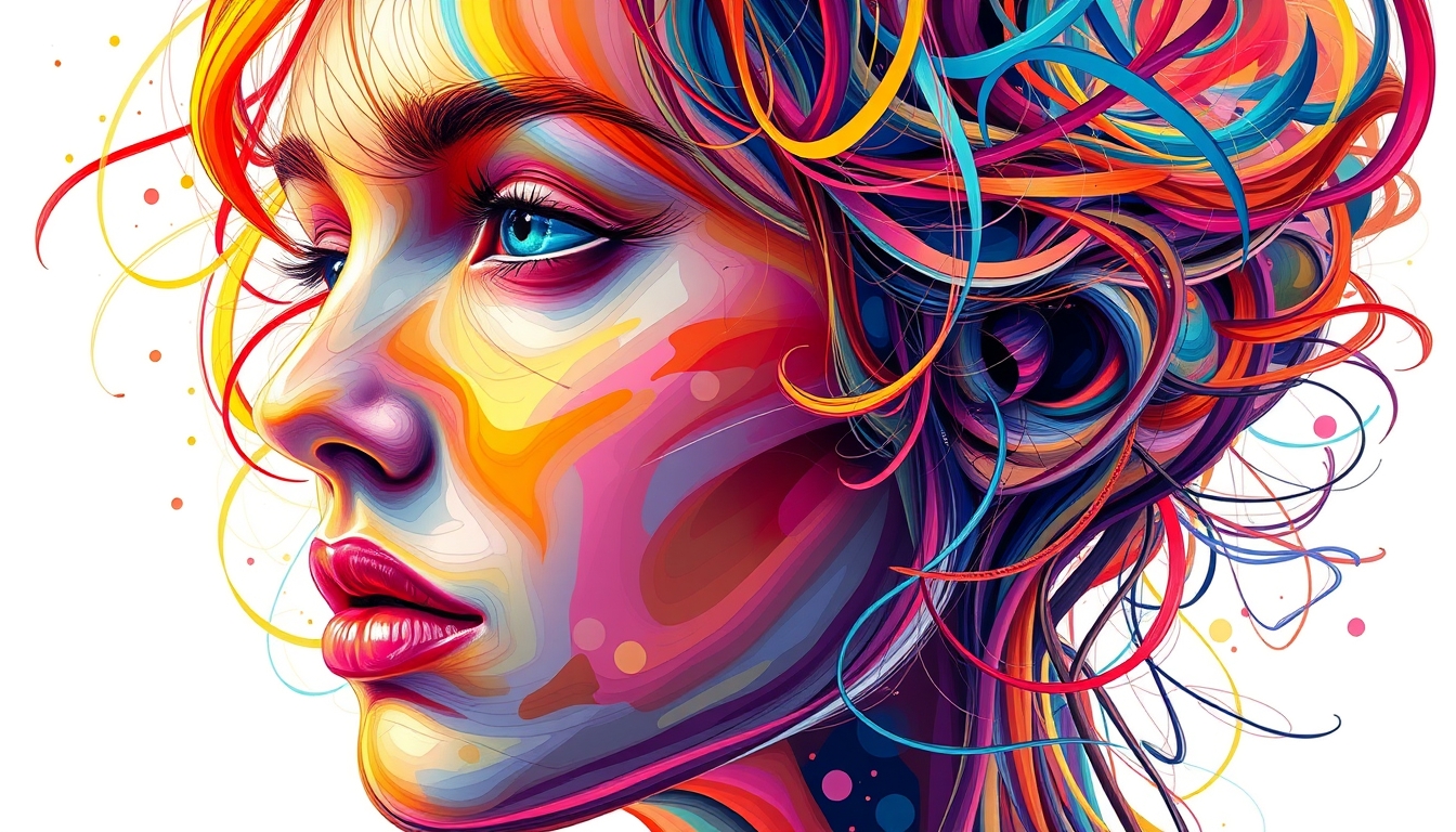 A digital painting of a human face composed of colorful, swirling lines and shapes, blending realism with abstract elements. - Image