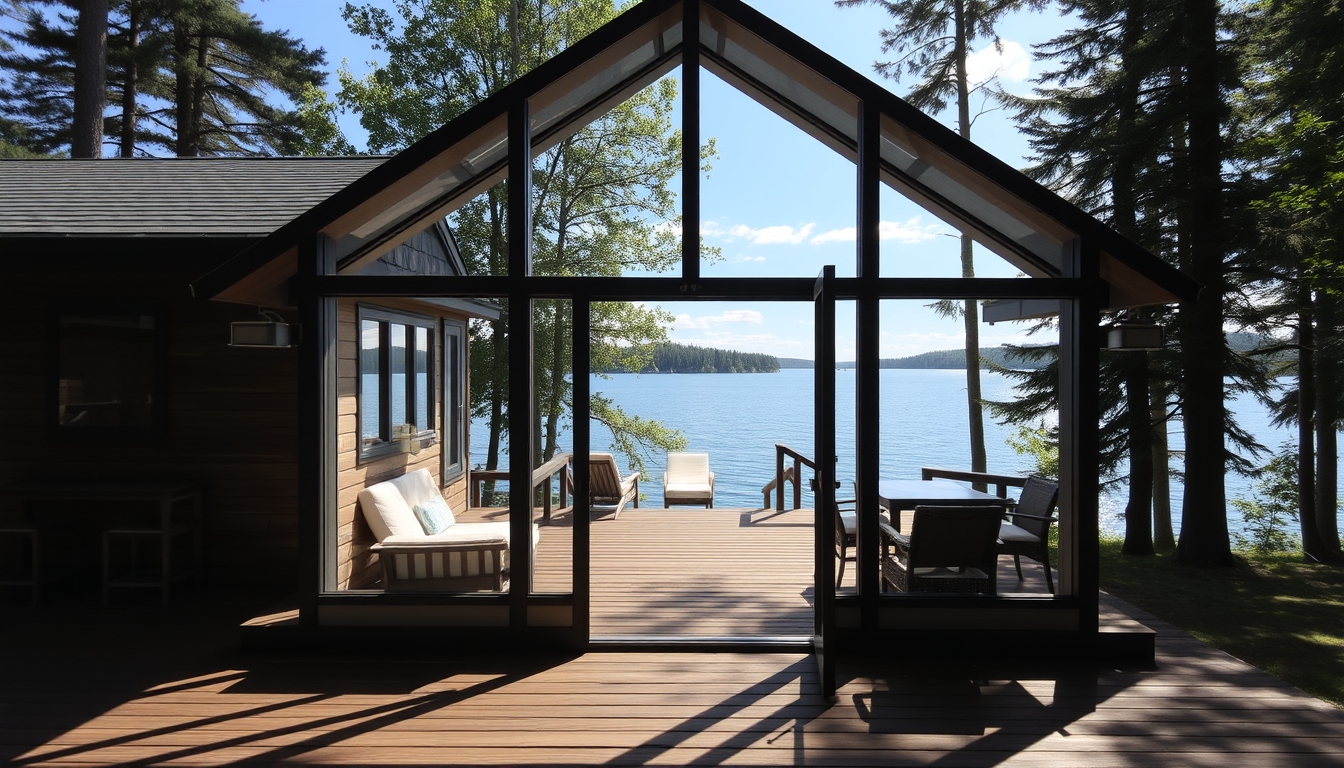 A serene lakeside cabin with a glass front, offering an unobstructed view of the water.