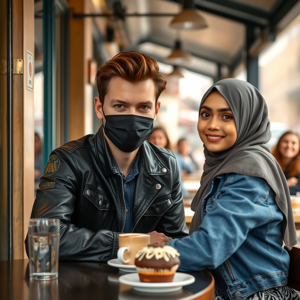 Jamie Dornan's head and body shot, handsome, black face mask, blue denim jacket, jeans, dating a Muslim girl in a grey hijab, beautiful eyes, black face mask, black leather jacket, biggest zebra patterned skirt, at a cafe, 2 cups of latte, muffin cake, chocolate donut on a table, with another 3 friends smiling in the background, photorealistic, hyper-realistic, street photography, selfie. - Image