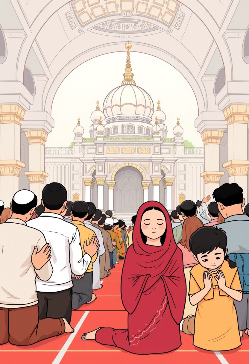 Illustrate people of different ages and backgrounds praying in a grand temple, with a sense of reverence and peace. cartoon style, thick lines, low details, no shading. - Image