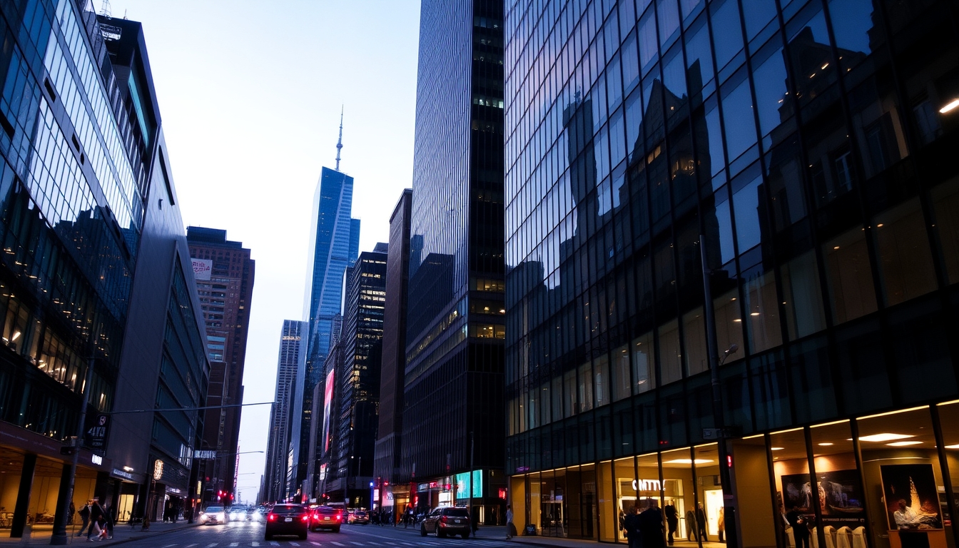 A vibrant city street at night, with reflections in the glass windows of skyscrapers.