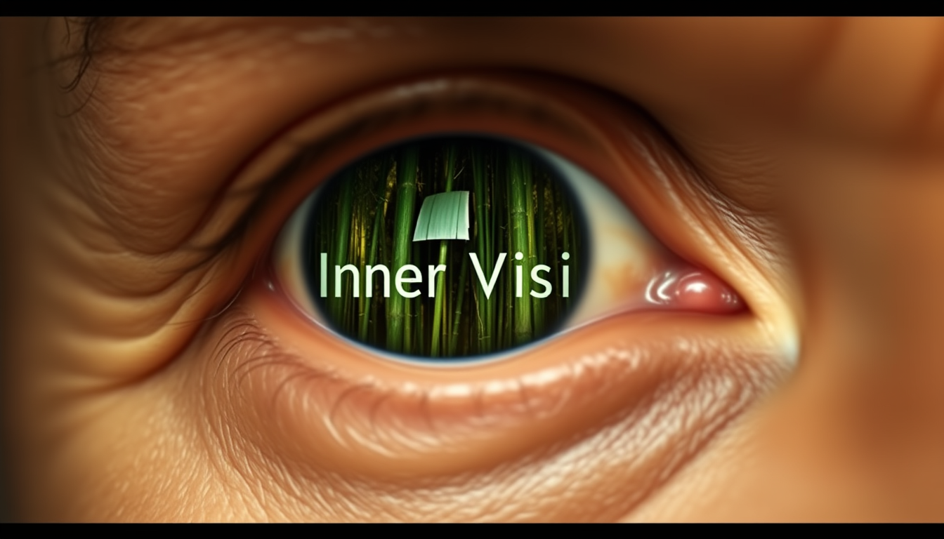 An old monk's eye. In his pupil, we see a reflection of a bamboo forest, with the text "Inner Vision" formed by the bamboo stalks.