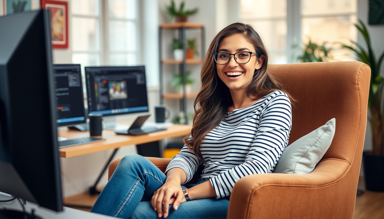 Photo of a lovely, excited, glad woman software developer sitting in an armchair in a comfortable workspace indoors. - Image