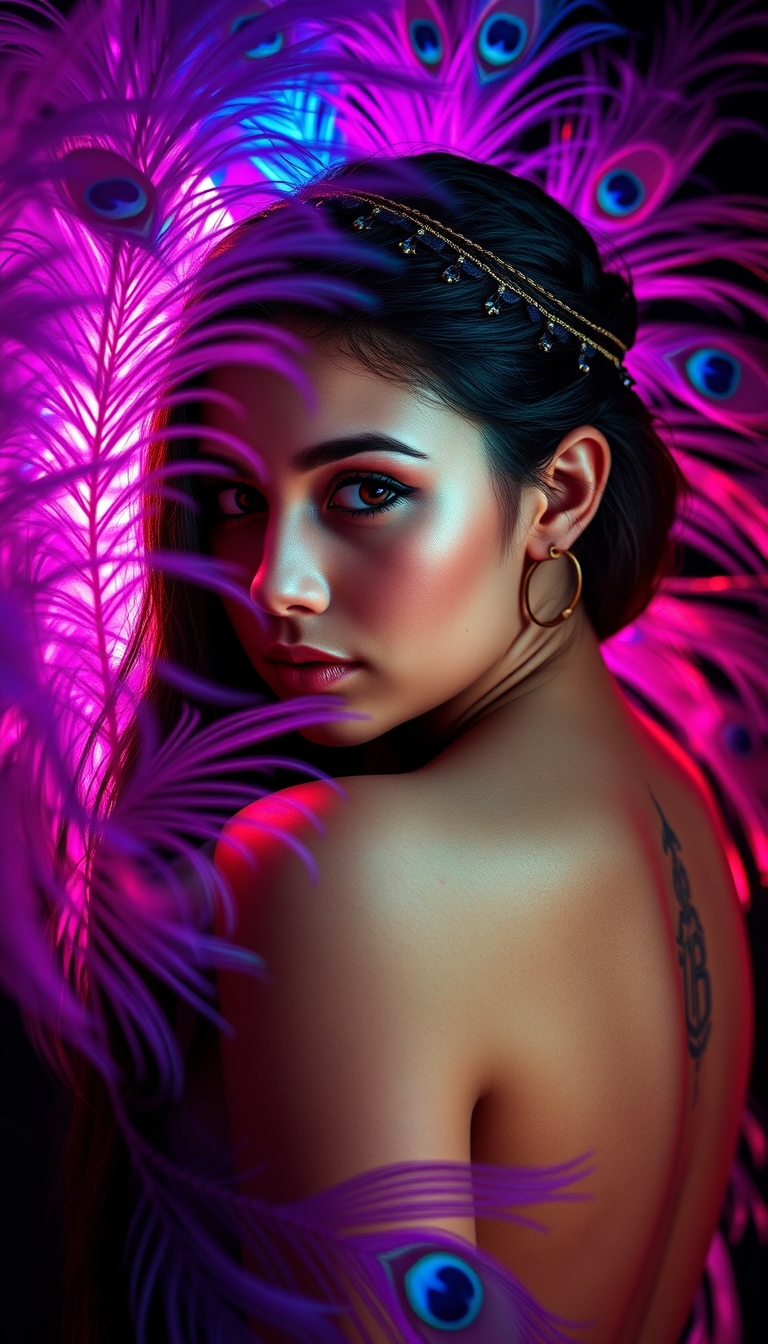 A portrait of a young woman in a dramatic, backlit setting, surrounded by vibrant, colorful peacock feathers. The woman has long, dark hair styled with an ornate headpiece, and a tattoo visible on her exposed back. The feathers are illuminated in shades of pink, blue, and purple, creating a mesmerizing, otherworldly atmosphere. The background is dark, allowing the feathers and the woman's features to be the focal point. Highly detailed, with a sense of movement and energy. Rendered in a photorealistic style.