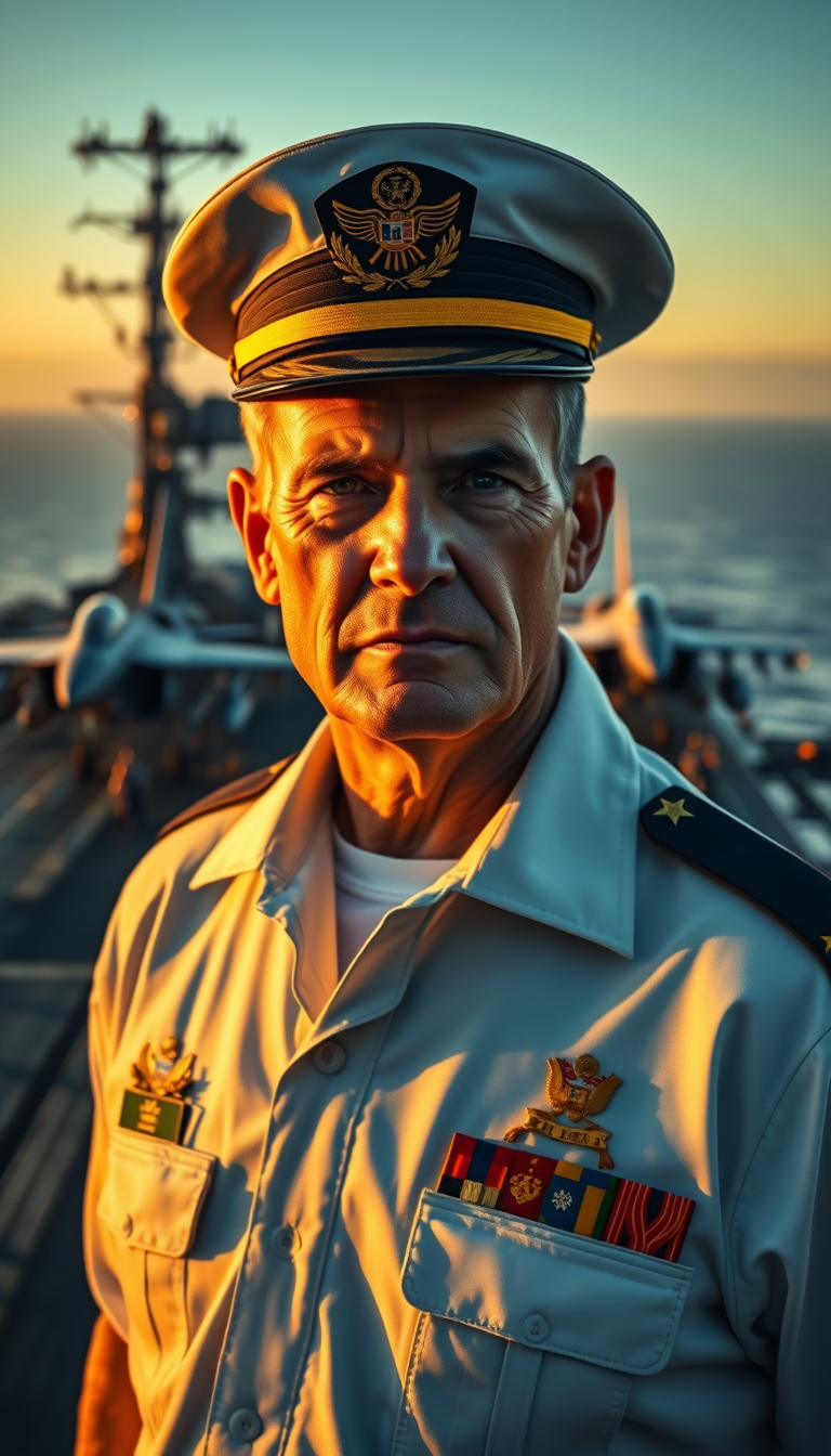 Main Character: A distinguished and weathered American Naval Admiral in his mid-40s, with a stern yet resolute expression, stands on the deck of an aircraft carrier. He is dressed in a crisp, impeccably maintained Navy uniform, adorned with numerous medals and decorations that speak to a long and decorated career. His posture is upright and commanding, reflecting his years of experience and authority. His gaze is fixed on the horizon, conveying a sense of focus and determination.
Background: The vast flight deck of a modern American aircraft carrier stretches out behind the Admiral. The scene is bustling with activity as sailors and crew members go about their duties. Fighter jets stand ready for takeoff, their sleek silhouettes adding to the powerful atmosphere. The vast ocean stretches out to the horizon, meeting the sky in a hazy line. The scene is bathed in the warm, golden light of either sunrise or sunset, creating a dramatic and visually stunning backdrop.
Visual Style: The visual style should be that of professional, cinematic photography, emphasizing realism and detail. The image should capture the immensity of the aircraft carrier and the vastness of the ocean, conveying the power and reach of the Navy. The lighting should be natural and dramatic, highlighting the Admiral's features and the details of his uniform. The overall tone should be one of strength, determination, and unwavering service.