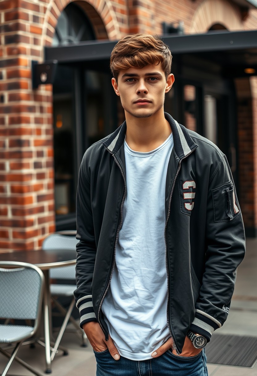 Christian Grey look-alike head and body shot, handsome young man, dark brown hair, serious face, white T-shirt, college jacket, skinny jeans, sneakers, standing stylishly near a café, hyper-realistic street photography, brick wall, full body photo, morning scenery. - Image