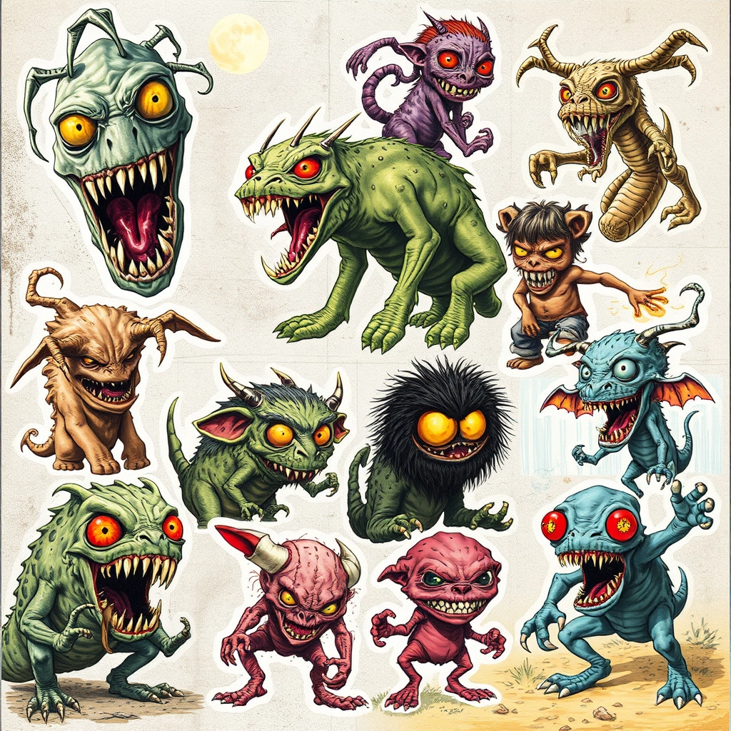 Collage of different crazy weird terrible creatures illustrations. - Image