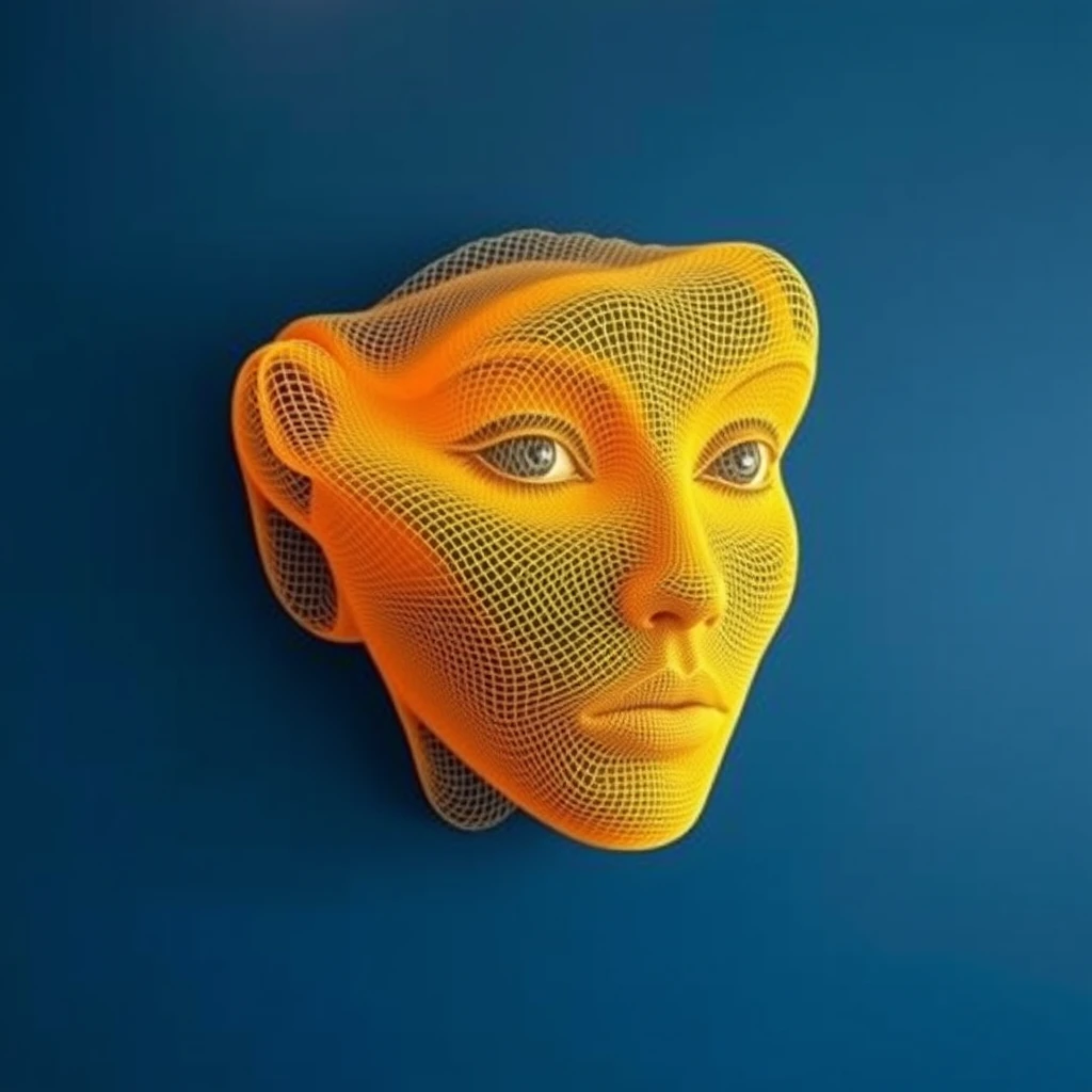 A captivating and avant-garde artwork featuring a three-dimensional female face, masterfully sculpted from a mesh-like material. The deep blue wall serves as a striking contrast, allowing the vibrant yellow and orange hues of the mesh to shine. The gradient effect adds a dynamic and eye-catching element, while the intricately detailed eyes, one more prominent than the other, captivate the viewer. The artwork's depth and dimension create a surreal, immersive experience, transforming it into the focal point of the room and leaving a lasting impression on all who behold it. - Image