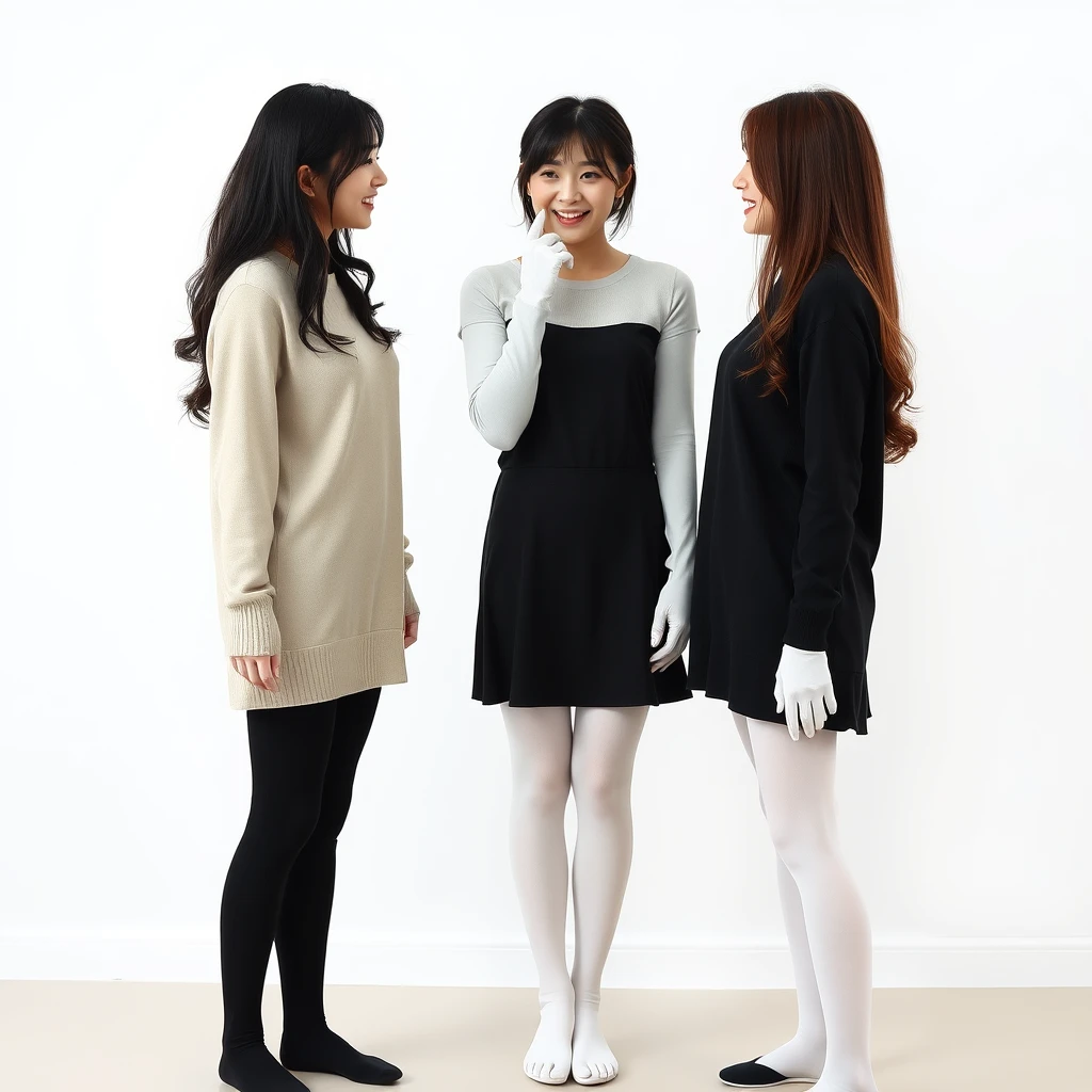 Three women wearing leggings and white and black stockings, facing each other, laughing and touching their feet, and wearing thin white gloves. Real photo style, Asian style. - Image