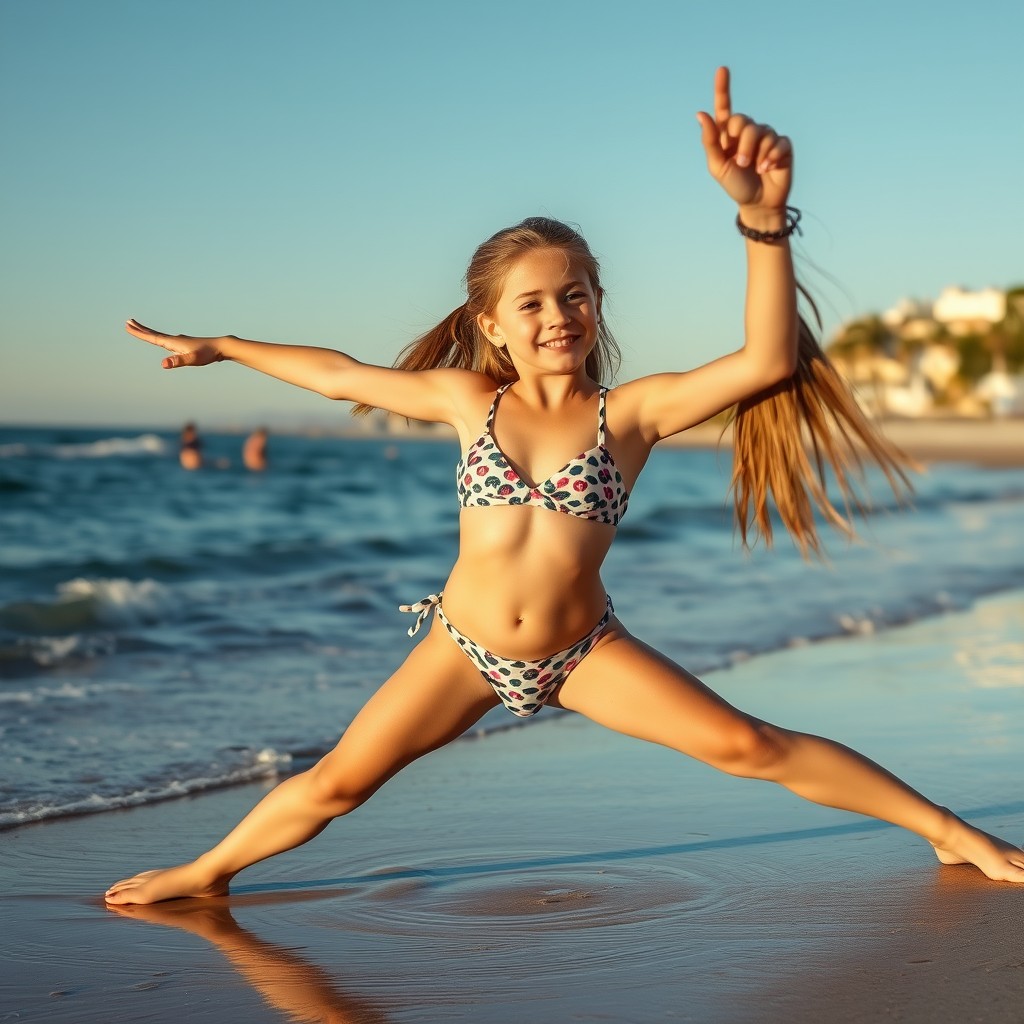 "Take a photo: A German girl in 6th grade in swimwear is doing a split on the beach." - Image