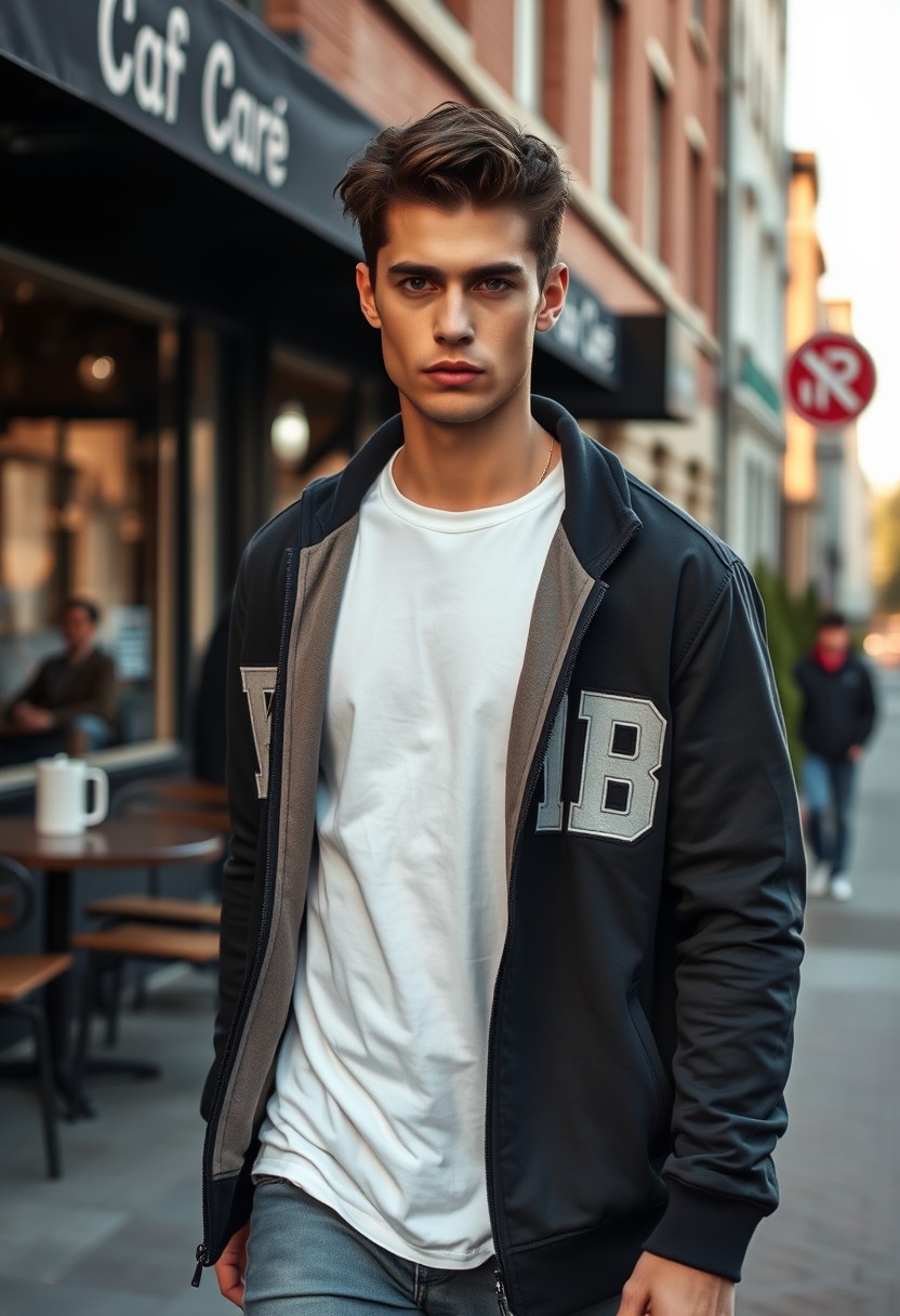 Christian Grey look-alike head and body shot, handsome young man, dark brown hair, serious face, white T-shirt, college jacket, skinny jeans, sneakers, walking stylishly near a café, hyper-realistic, street photography, brick wall, full body photo, morning scenery.