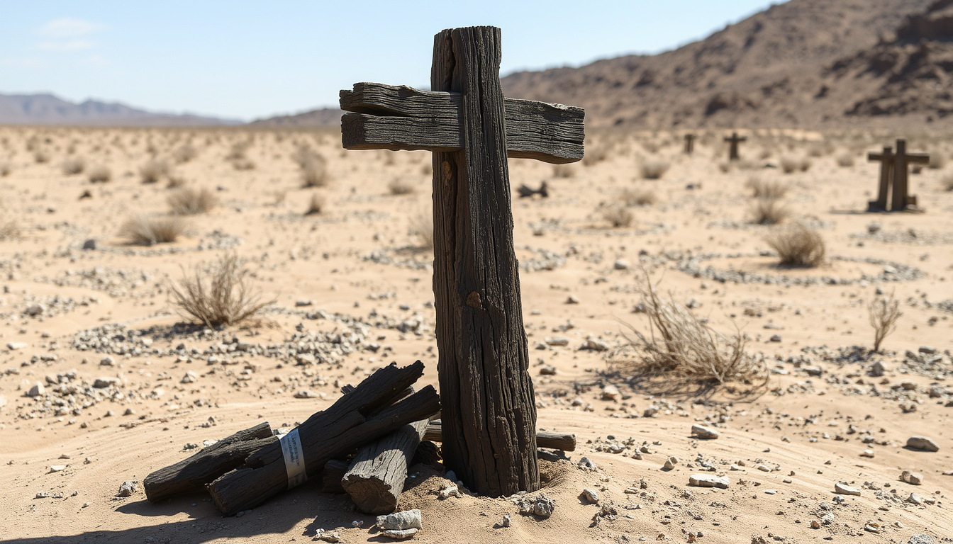 An old wooden cross planted in the middle of a barren desert. The cross is standing upright on the right side of the image. The cross is made of crumbling dark wood and appears to be old and weathered, with visible damage from wet and dry rot. The overall scene is desolate.