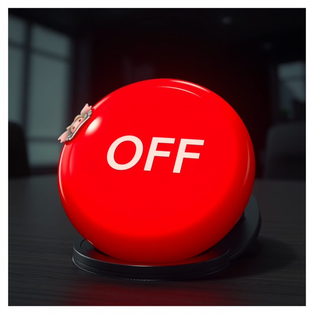 Extreme close-up of a big red button with a chibi maid peeking over the edge of the table, dark office, red glow, button says "OFF".