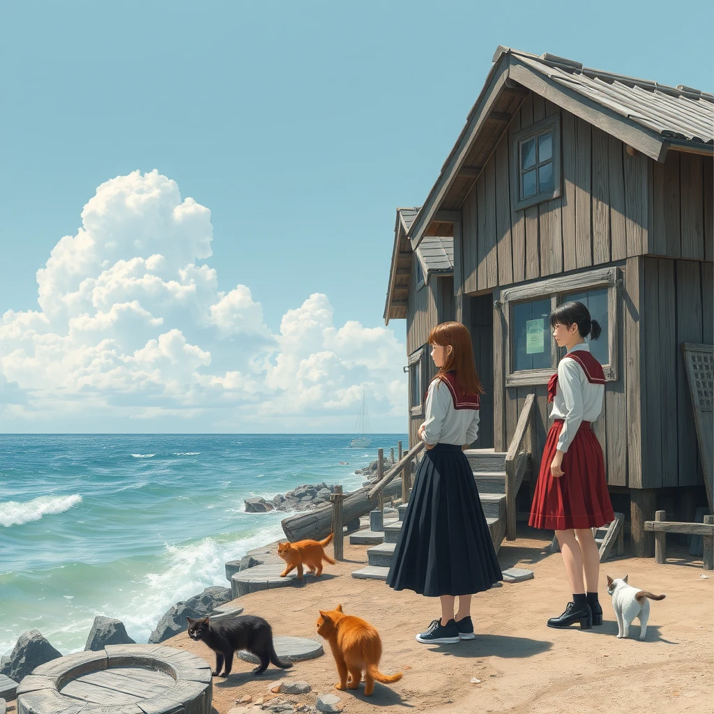 By the seaside, there are wooden houses, female students in skirts, and cats.