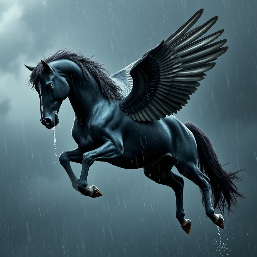 A black Pegasus flying through the rain and dark clouds. Raindrops are flowing down its face and body. White bones are visible on its chest, legs, wings, neck, and face. Photography. Side view.