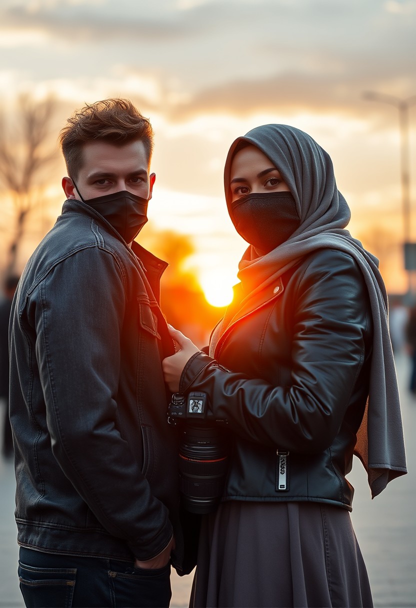 Jamie Dornan's head and body shot, handsome, black face mask, jeans jacket, jeans, dating, love couple, with the biggest grey hijab Muslim girl, black face mask, beautiful eyes, black leather jacket, biggest skirt, taking a picture, Canon DSLR camera, sunset, hyper-realistic, street photography. - Image