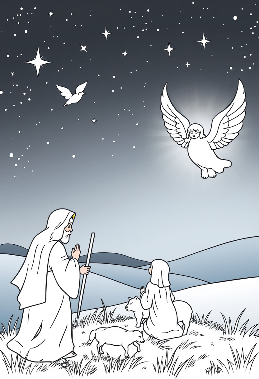 Create a scene of angels appearing to shepherds in the fields, with bright light and a starry night sky. a coloring book page, cartoon style, thick lines, low details, no shading. - Image