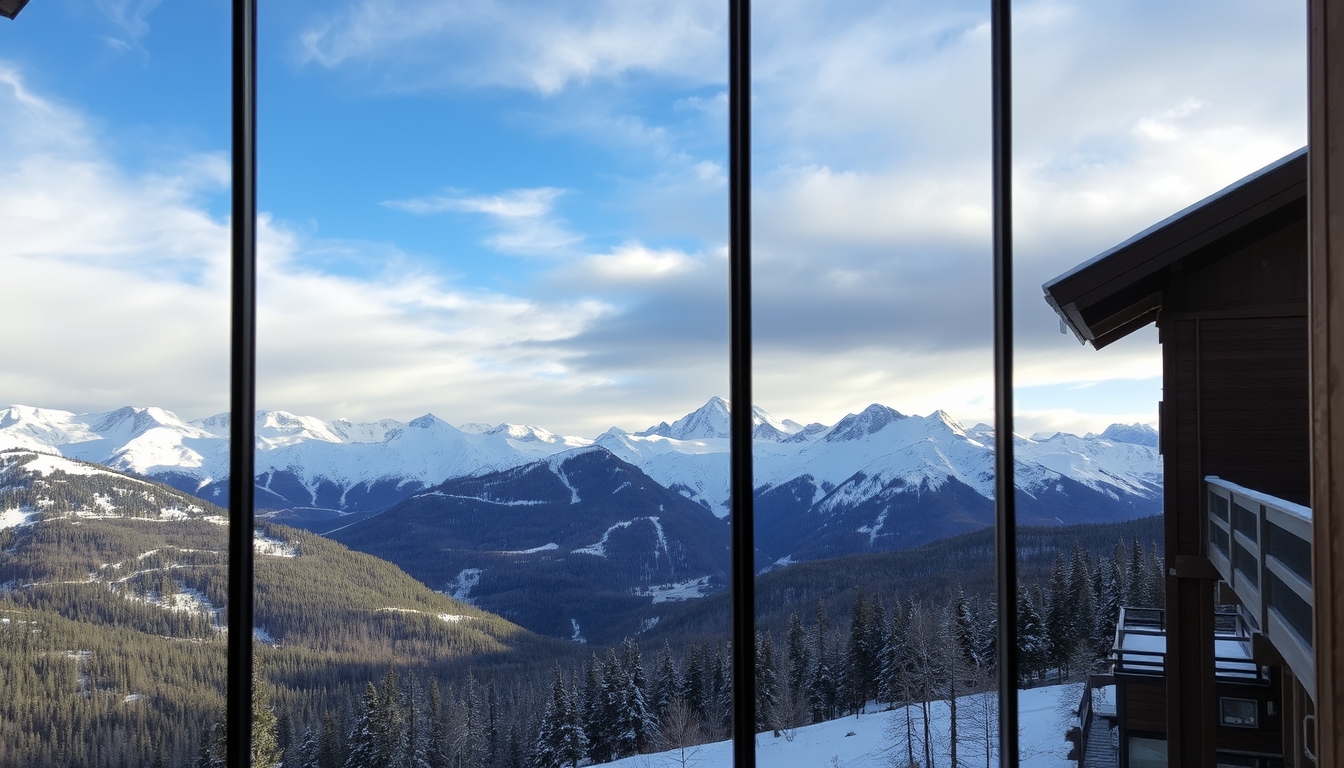 A dramatic mountain landscape viewed through the glass walls of a ski lodge.